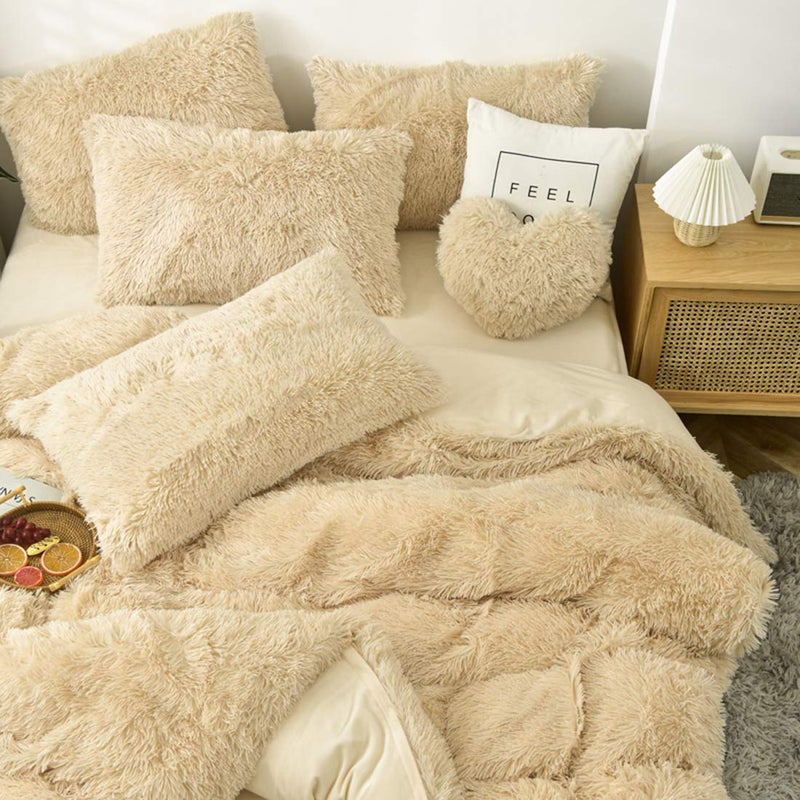 MorroMorn 5 PCS Shaggy Duvet Cover Bedding Set - Fluffy Comforter Cover Long Faux Fur Luxury Ultra Soft Cozy (Khaki, Full/Queen) - Image 2
